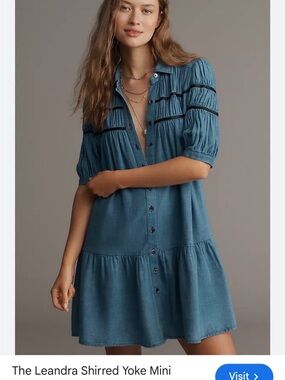 Maeve Blue Shirred-Yoke Button Mini Dress